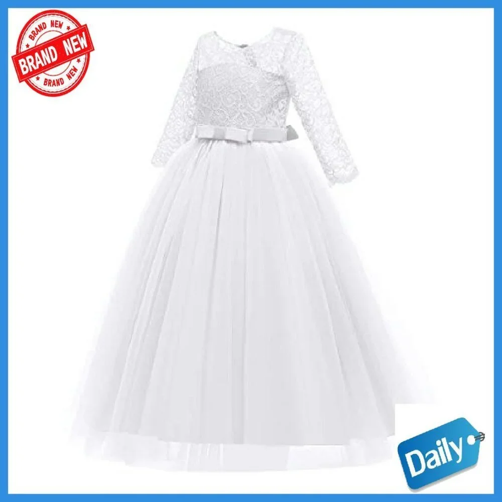 Girls Floral Lace 3/4 Sleeve Floor Length Formal Dress Size 2-14Y